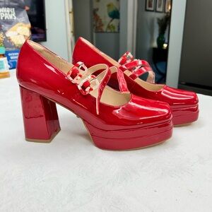 Red Patent Leather Platform Mary Jane Heels